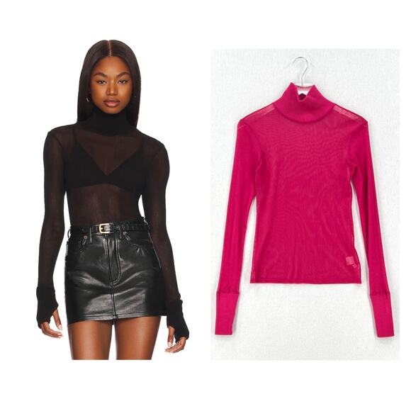 ENZA COSTA Cotton Mesh Cuffed Turtleneck Top Womens Small Pink Layering Minimal